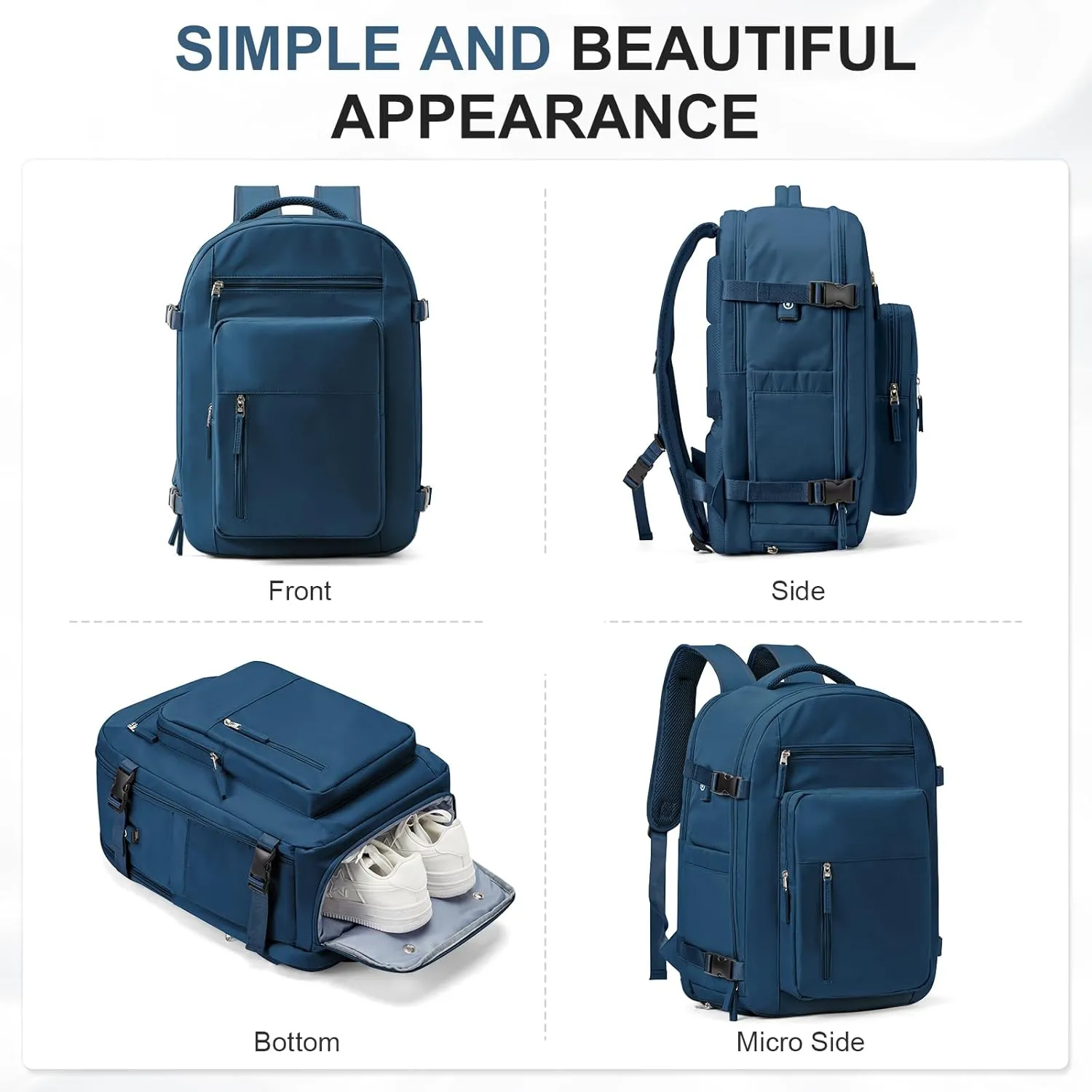 Large Travel Backpack for Women Mens 17 Inch Laptop Backpack, Waterproof Backpack Carry On Flight Approved with Shoe Compartment and USB Charging Port for Traveling, Hiking, Work, Blue