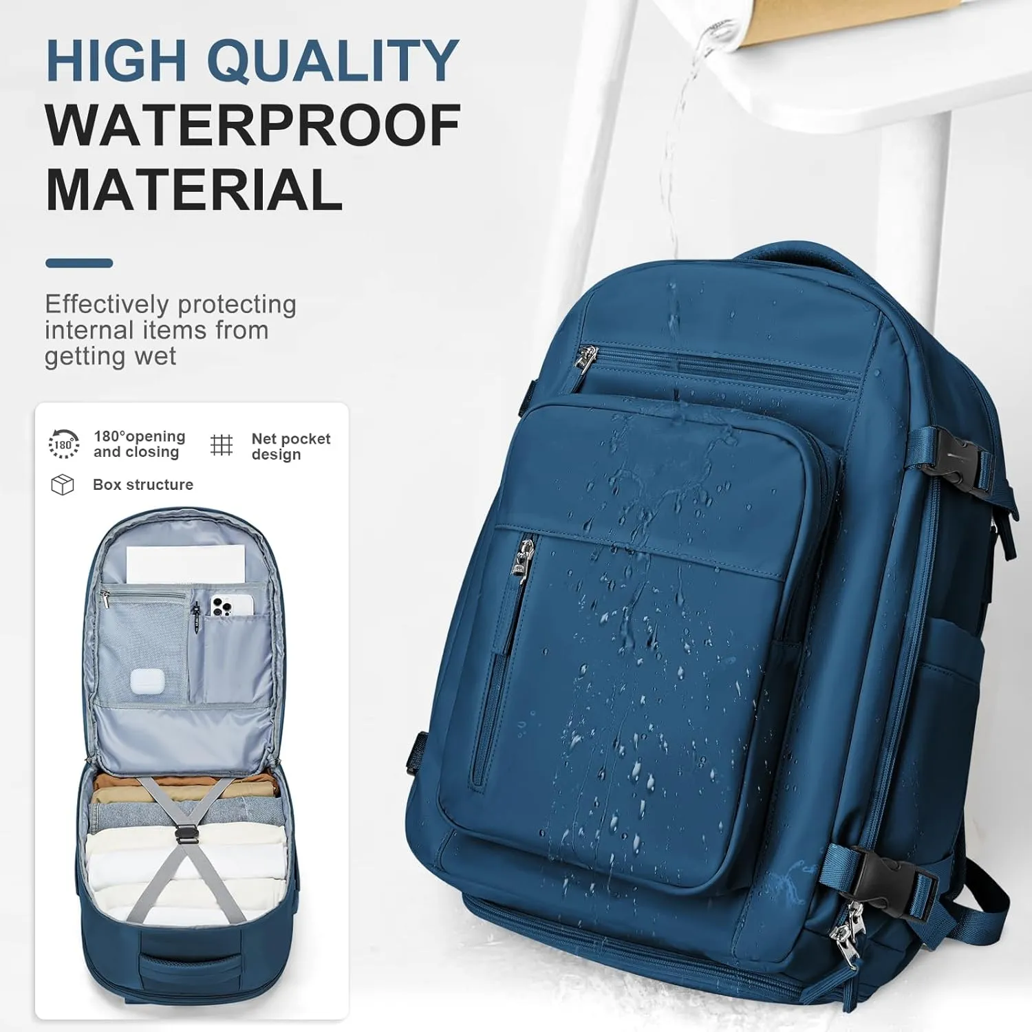 Large Travel Backpack for Women Mens 17 Inch Laptop Backpack, Waterproof Backpack Carry On Flight Approved with Shoe Compartment and USB Charging Port for Traveling, Hiking, Work, Blue