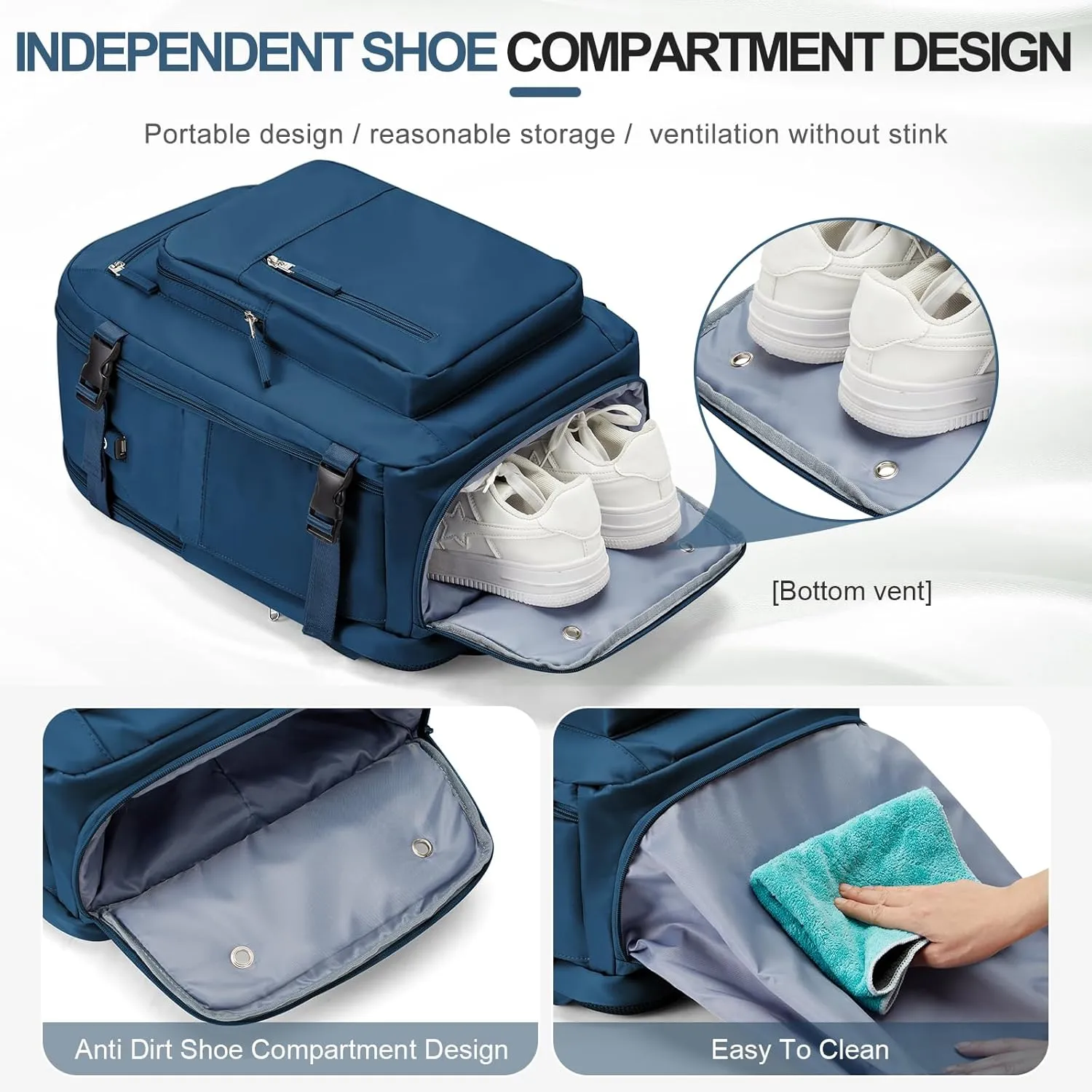 Large Travel Backpack for Women Mens 17 Inch Laptop Backpack, Waterproof Backpack Carry On Flight Approved with Shoe Compartment and USB Charging Port for Traveling, Hiking, Work, Blue