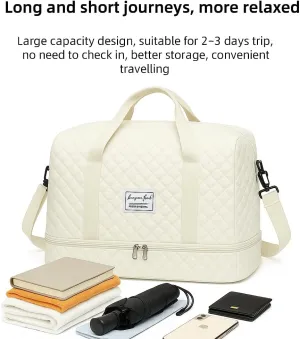 Large Travel Duffel Bag, 20.8 x 11.8 x 9.8 inches, Wet-Dry Compartments, Shoulder Strap, Beige (white)