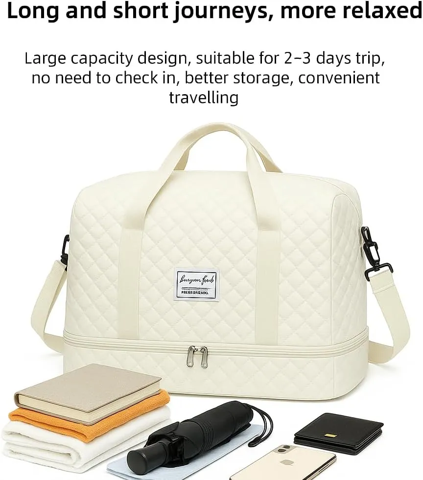 Large Travel Duffel Bag, 20.8 x 11.8 x 9.8 inches, Wet-Dry Compartments, Shoulder Strap, Beige (white)