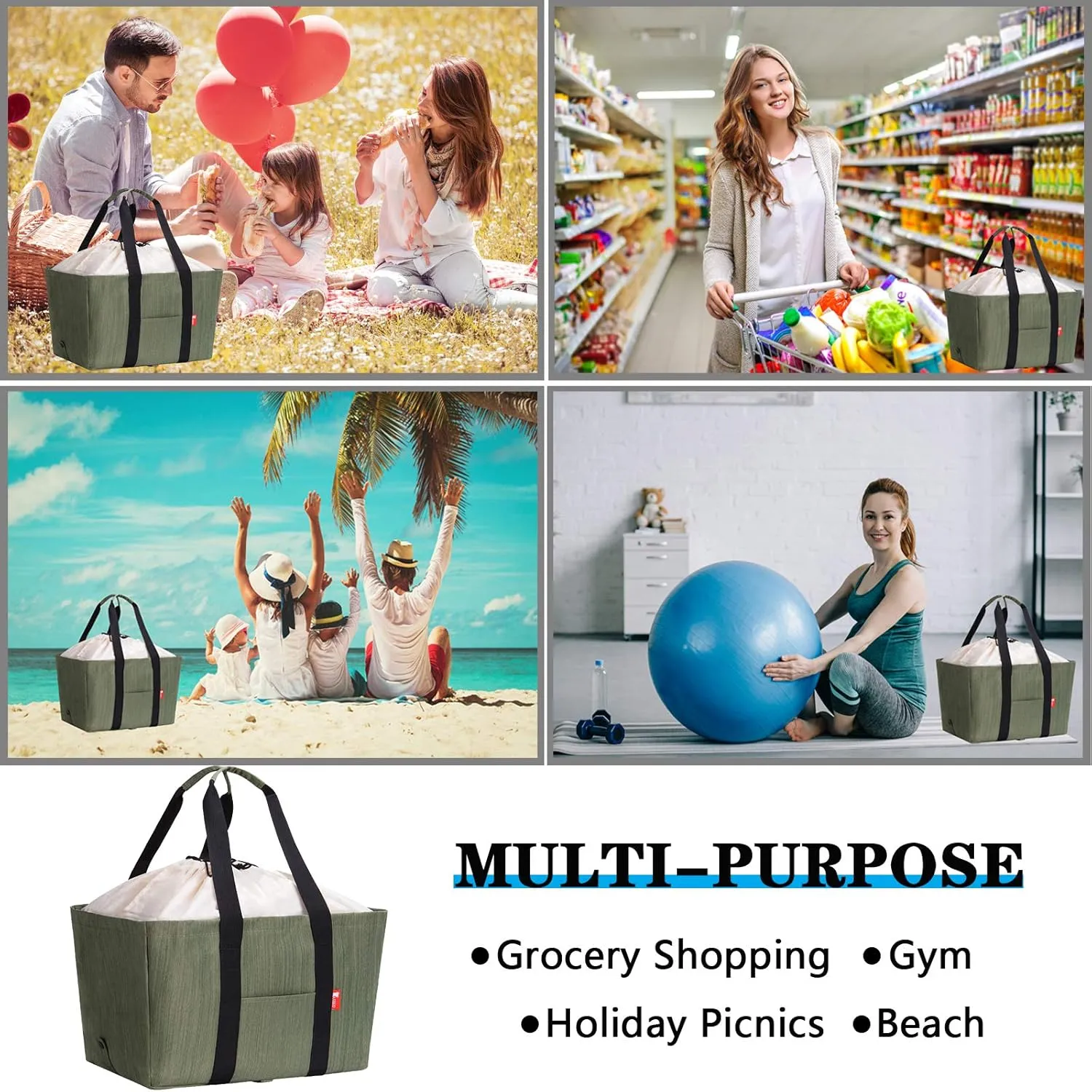 Large Utility Tote Bag (5 Pack), Reusable Collapsible Durable Grocery Shopping Bag, Foldable Tote Bag for Storage Pool Beach (Green),S00502
