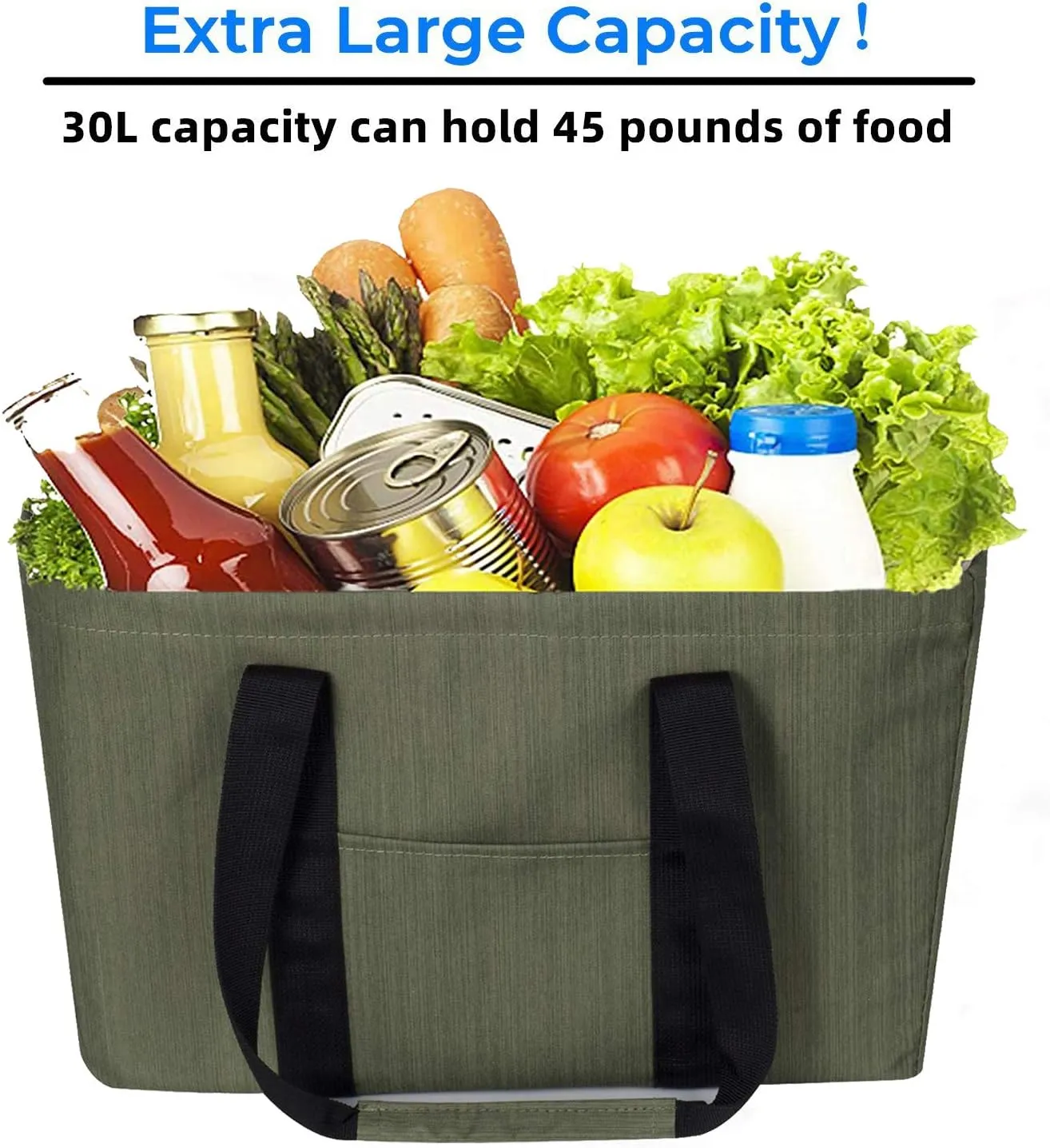 Large Utility Tote Bag (5 Pack), Reusable Collapsible Durable Grocery Shopping Bag, Foldable Tote Bag for Storage Pool Beach (Green),S00502