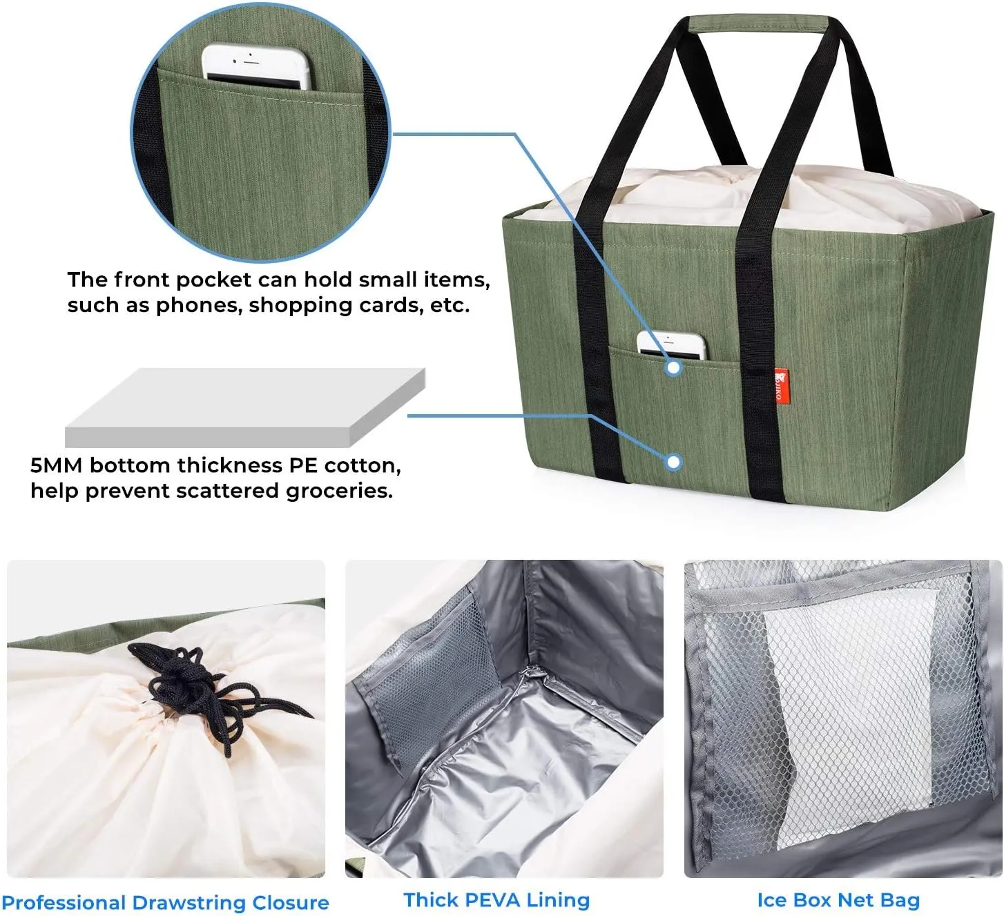 Large Utility Tote Bag (5 Pack), Reusable Collapsible Durable Grocery Shopping Bag, Foldable Tote Bag for Storage Pool Beach (Green),S00502
