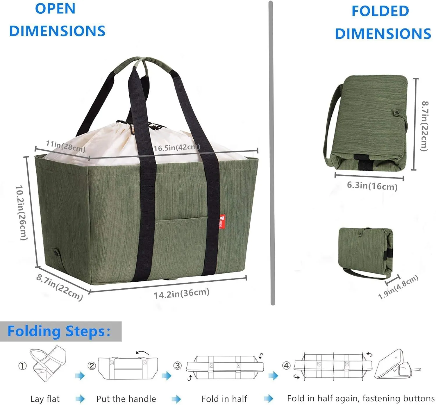 Large Utility Tote Bag (5 Pack), Reusable Collapsible Durable Grocery Shopping Bag, Foldable Tote Bag for Storage Pool Beach (Green),S00502