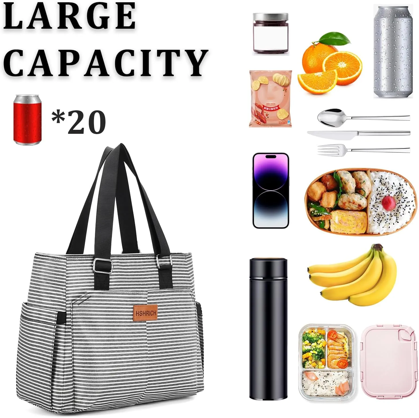 Large Women Lunch Bags for Work/Insulated Adult Lunch Box for Women/Leakproof Cooler Lunch Tote Bag with Storage Pocket. Reusable Lunch Cooler Purse for Work Picnic Hiking 14L, Stripe