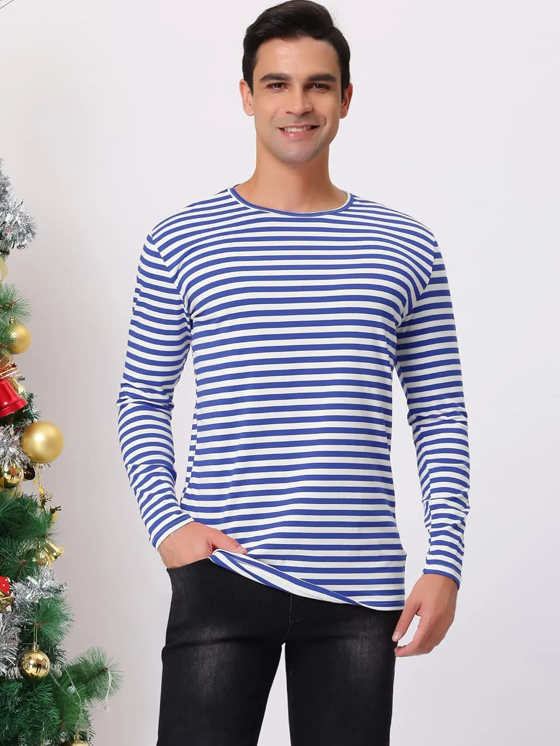 Lars Amadeus Men's Striped T-Shirt Long Sleeves Crew Neck Stripe Basic Top T Shirt