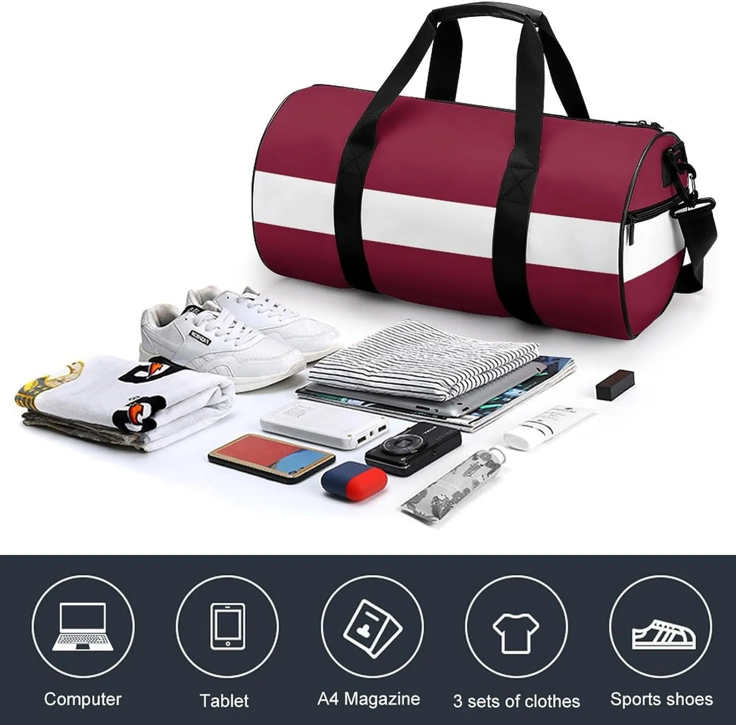 Latvia Flag Waterproof Sports Duffel Bag with Dry Wet Separation for Gym Beach Travel
