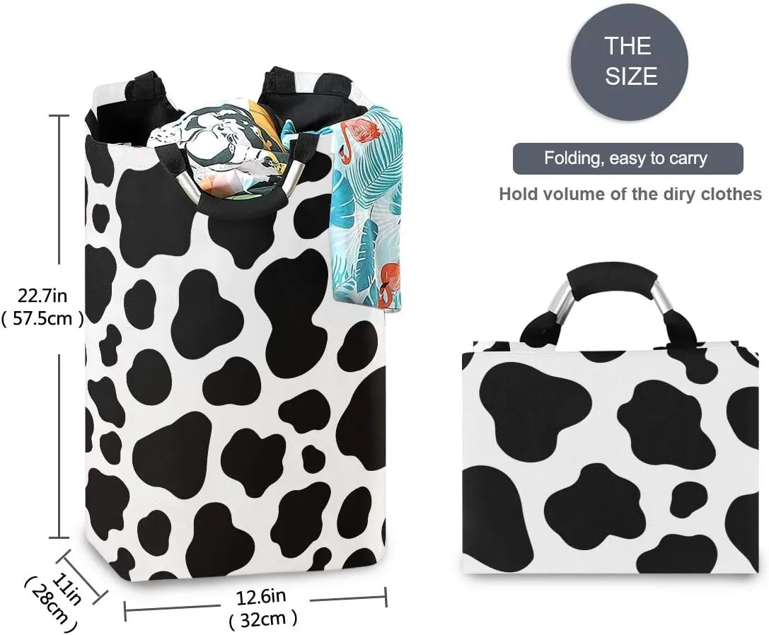 Laundry Hamper, Animal Cow Pattern Print Black Laundry Basket Washing Clothes Hamper Collapsible Storage Bin Foldable Shopping Bag Toy Book Holder