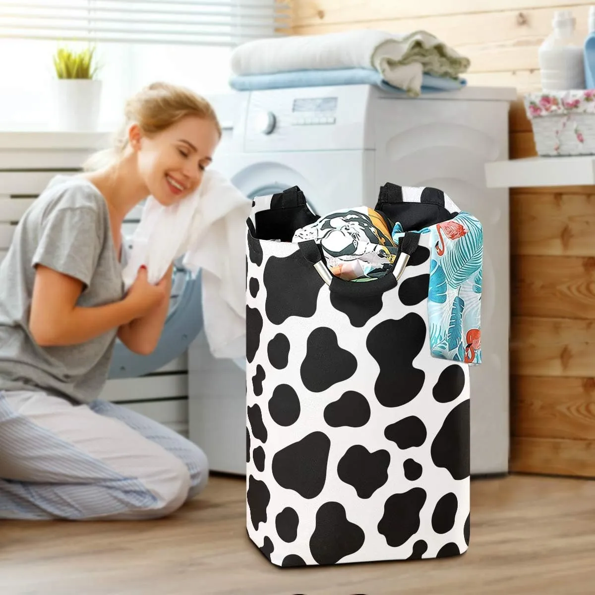 Laundry Hamper, Animal Cow Pattern Print Black Laundry Basket Washing Clothes Hamper Collapsible Storage Bin Foldable Shopping Bag Toy Book Holder
