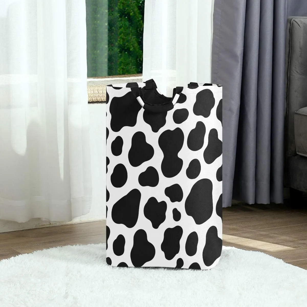 Laundry Hamper, Animal Cow Pattern Print Black Laundry Basket Washing Clothes Hamper Collapsible Storage Bin Foldable Shopping Bag Toy Book Holder