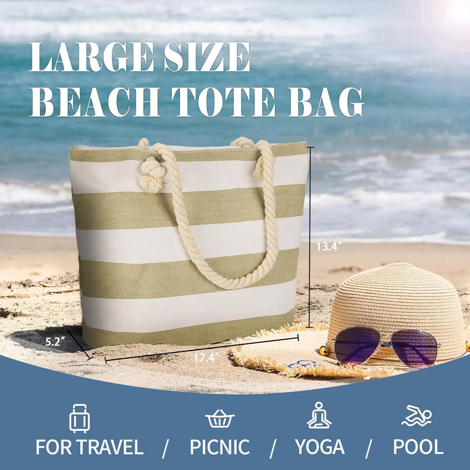 LAVTUG Beach Bags for Women Large Canvas Beach Tote Bag Waterproof Sandproof Beach Bags Swim Pool Bag Travel Essentials