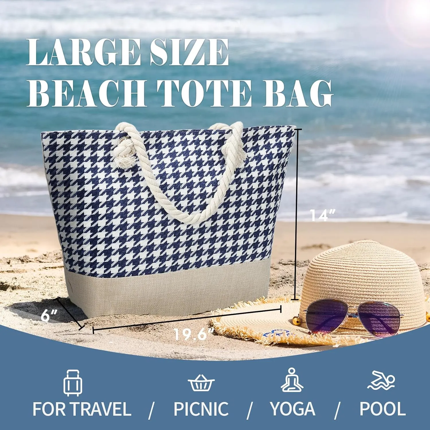 LAVTUG Beach Bags for Women Large Canvas Beach Tote Bag Waterproof Sandproof Beach Bags Swim Pool Bag Travel Essentials