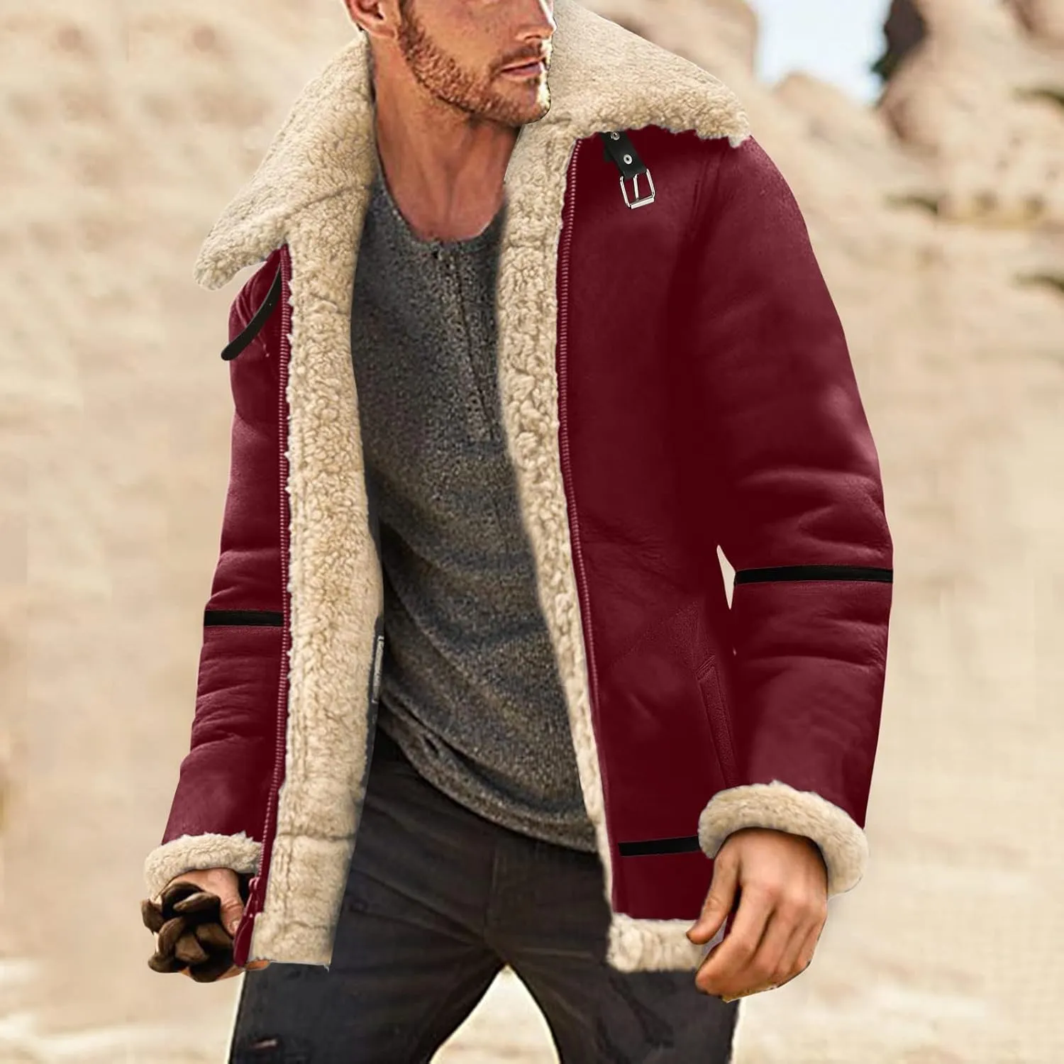 LCMTWX Men's Thick Thermal Winter Jacket Single-breasted Solid Color Lapel Long Sleeve Coat Cardigan Plush Mens Puffer