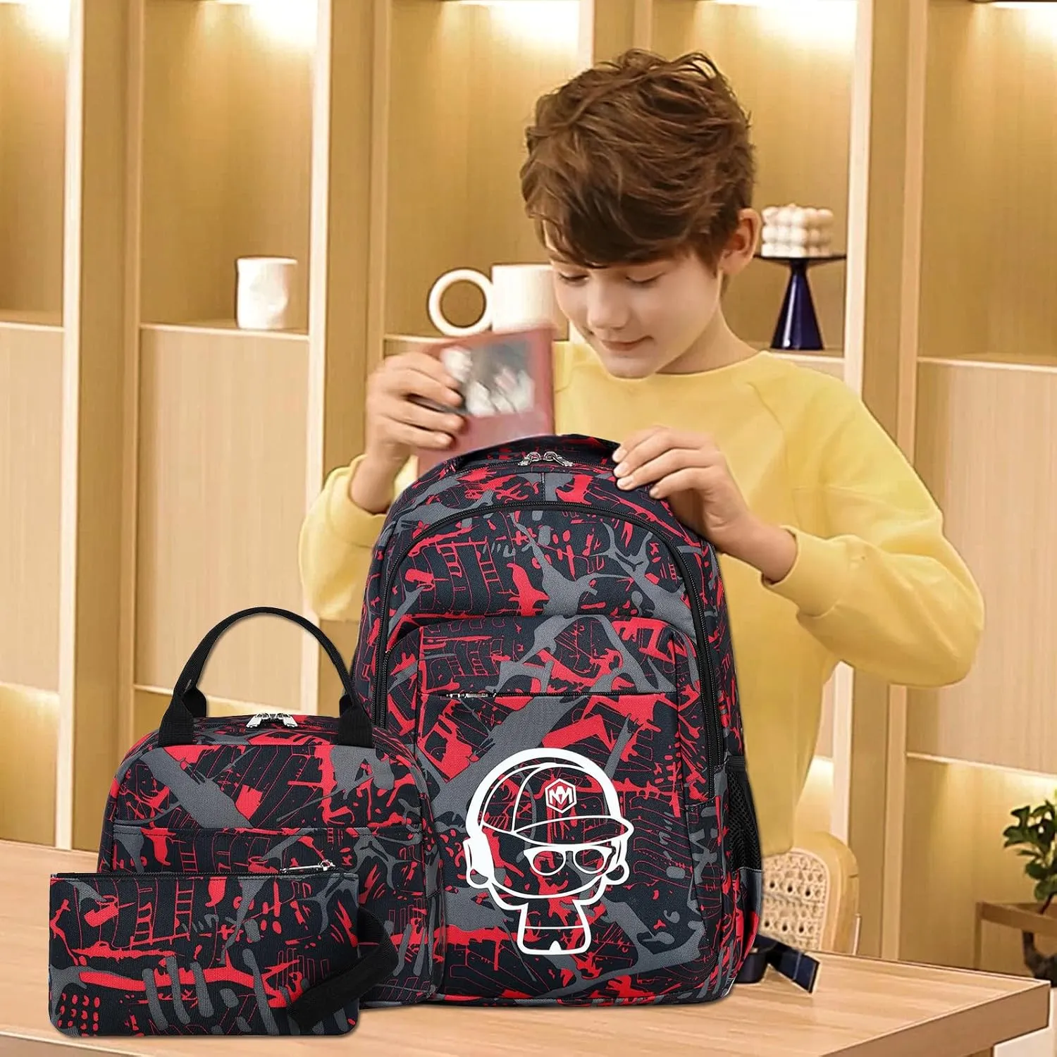 LEDAOU Backpack for Kids Boys School Bags Teen Bookbags Set School Backpack with Lunch Box and Pencil Case
