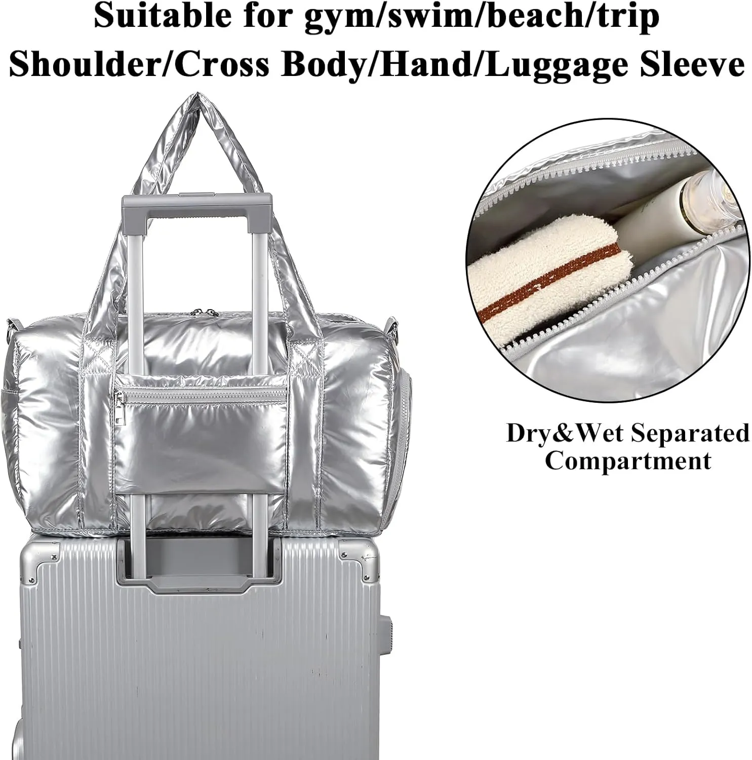 LEDAOU Duffle Bag for Travel, Puffer Gym Bag for Women, Lightweight Carry-on Tote, Weekender Overnight Bag with Wet Pocket, Workout Bag (Silver)