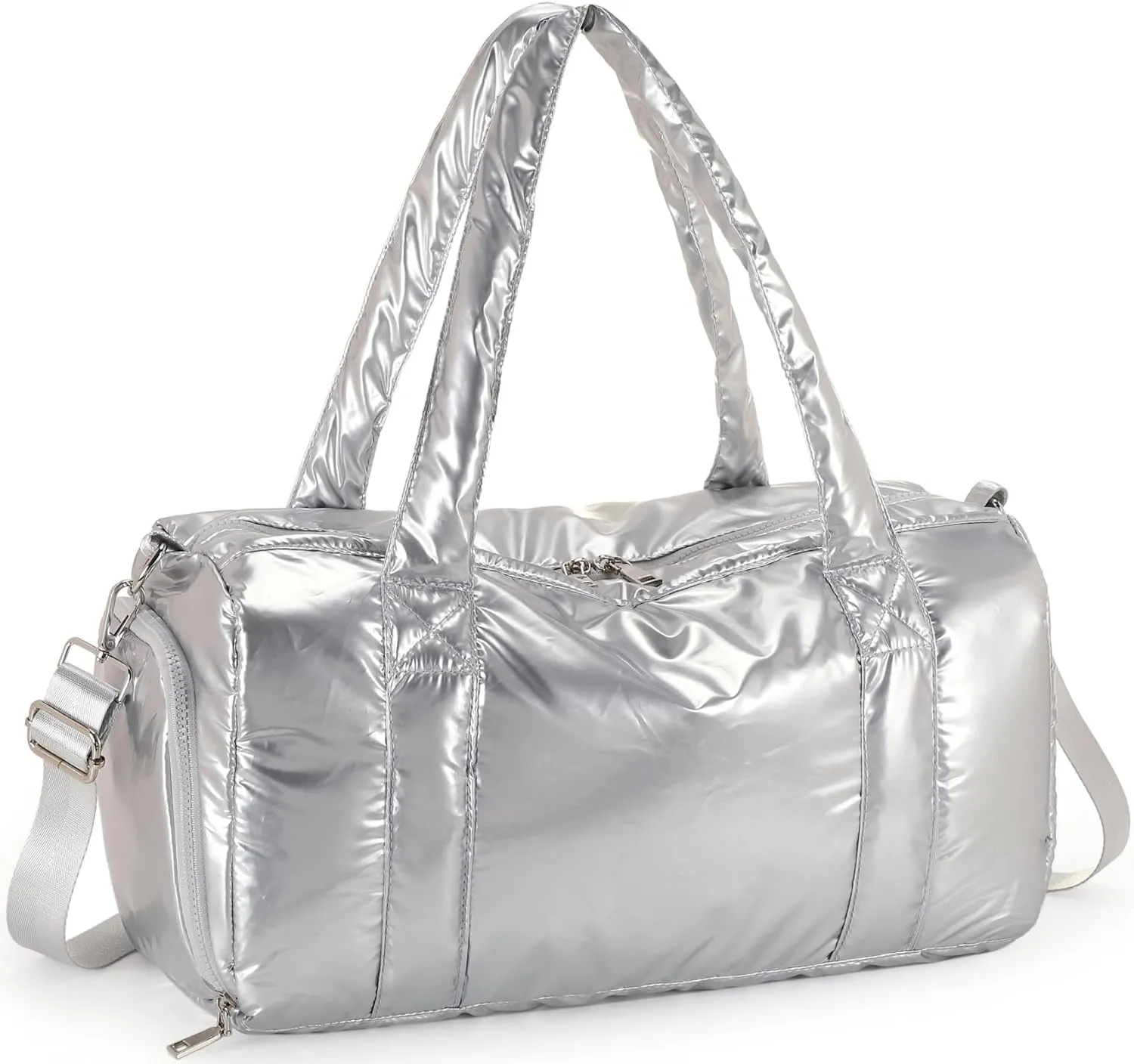 LEDAOU Duffle Bag for Travel, Puffer Gym Bag for Women, Lightweight Carry-on Tote, Weekender Overnight Bag with Wet Pocket, Workout Bag (Silver)