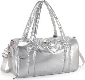 LEDAOU Duffle Bag for Travel, Puffer Gym Bag for Women, Lightweight Carry-on Tote, Weekender Overnight Bag with Wet Pocket, Workout Bag (Silver)