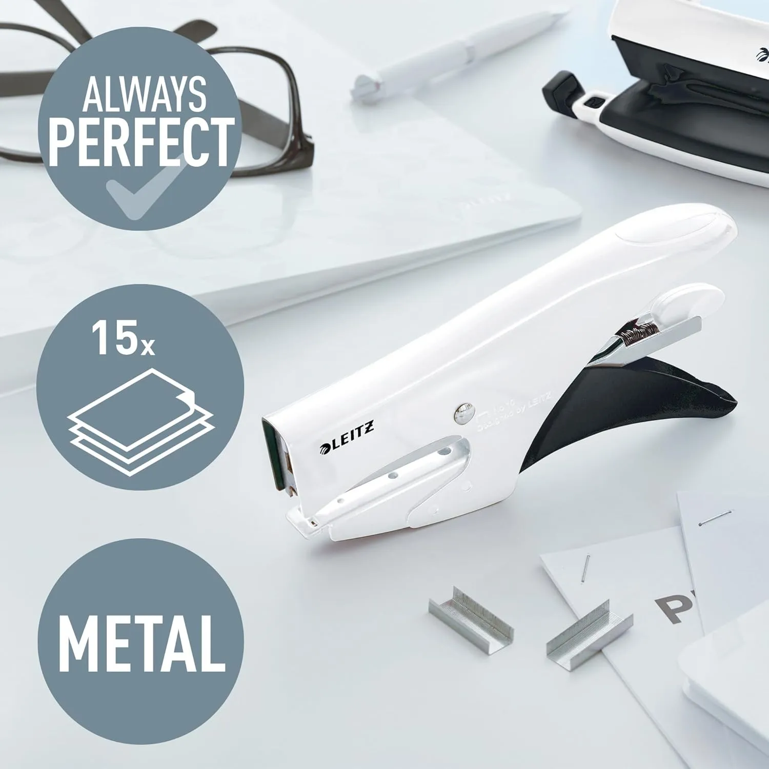 Leitz Stapling Pliers, 15 Sheet Capacity, Ergonomic Metal Body, Includes Staples, Wow Range, 55311001 - White