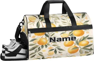 Lemon Fruit Print Personalized Monogrammed Gym Duffel Bag with Shoe Compartment Large Sport Overnight Travel Bags Weekender Bag with Custom Name