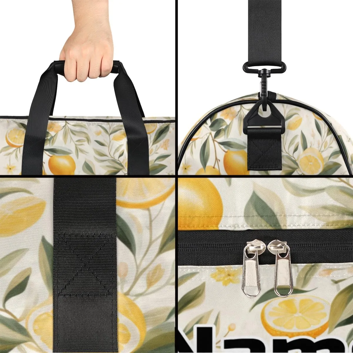 Lemon Fruit Print Personalized Monogrammed Gym Duffel Bag with Shoe Compartment Large Sport Overnight Travel Bags Weekender Bag with Custom Name