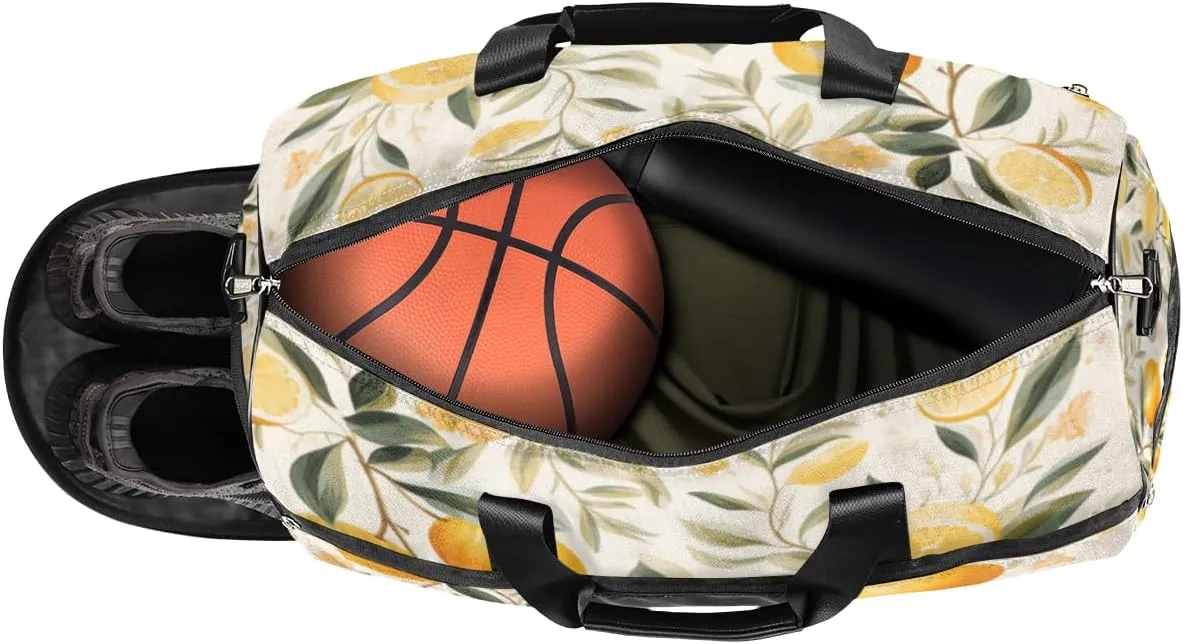 Lemon Fruit Print Personalized Monogrammed Gym Duffel Bag with Shoe Compartment Large Sport Overnight Travel Bags Weekender Bag with Custom Name