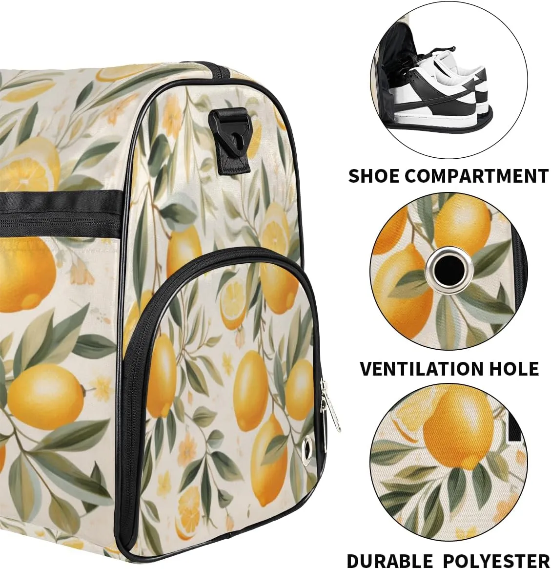 Lemon Fruit Print Personalized Monogrammed Gym Duffel Bag with Shoe Compartment Large Sport Overnight Travel Bags Weekender Bag with Custom Name
