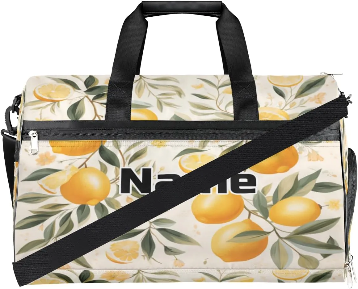 Lemon Fruit Print Personalized Monogrammed Gym Duffel Bag with Shoe Compartment Large Sport Overnight Travel Bags Weekender Bag with Custom Name