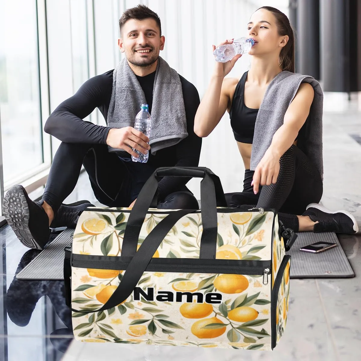 Lemon Fruit Print Personalized Monogrammed Gym Duffel Bag with Shoe Compartment Large Sport Overnight Travel Bags Weekender Bag with Custom Name