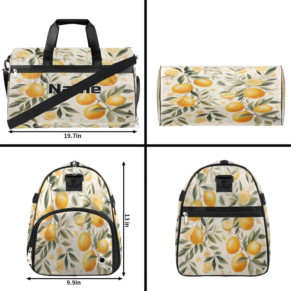 Lemon Fruit Print Personalized Monogrammed Gym Duffel Bag with Shoe Compartment Large Sport Overnight Travel Bags Weekender Bag with Custom Name