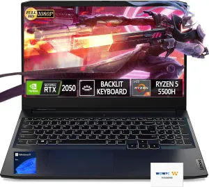 Lenovo 15.6" IdeaPad Gaming 3 Laptop, GeForce RTX 2050, 64GB RAM, 1TB PCIe, 15.6" FHD 144Hz IPS Display, AMD Ryzen 5 5500H, Backlit Keyboard, Ethernet RJ-45, Windows 11 Pro, WOWPC Recovery USB
