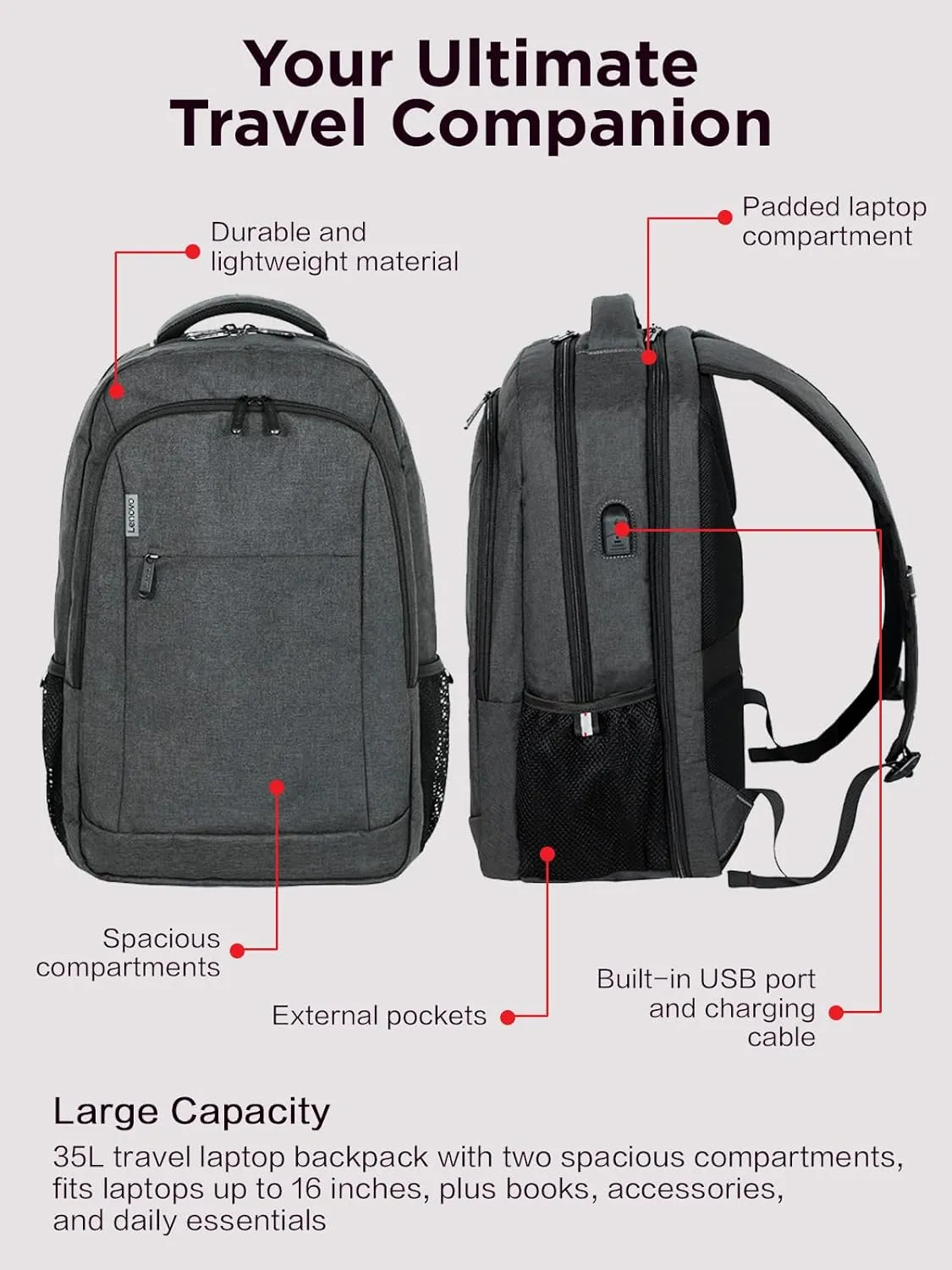 Lenovo B325 Laptop Backpack, Grey, 17-Inch, Water-Resistant Travel Backpack with External USB Port, Anti-Theft Design, Luggage Strap, for Men & Women, Perfect for Work, School, and Travel