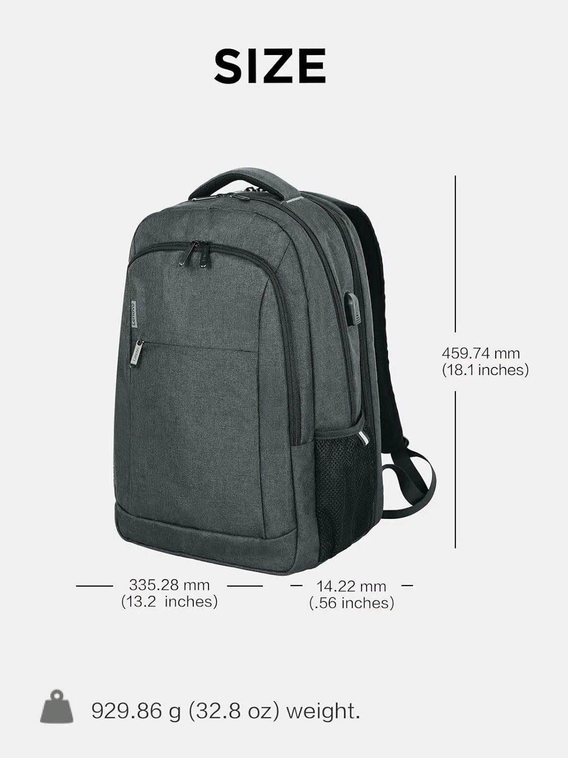 Lenovo B325 Laptop Backpack, Grey, 17-Inch, Water-Resistant Travel Backpack with External USB Port, Anti-Theft Design, Luggage Strap, for Men & Women, Perfect for Work, School, and Travel