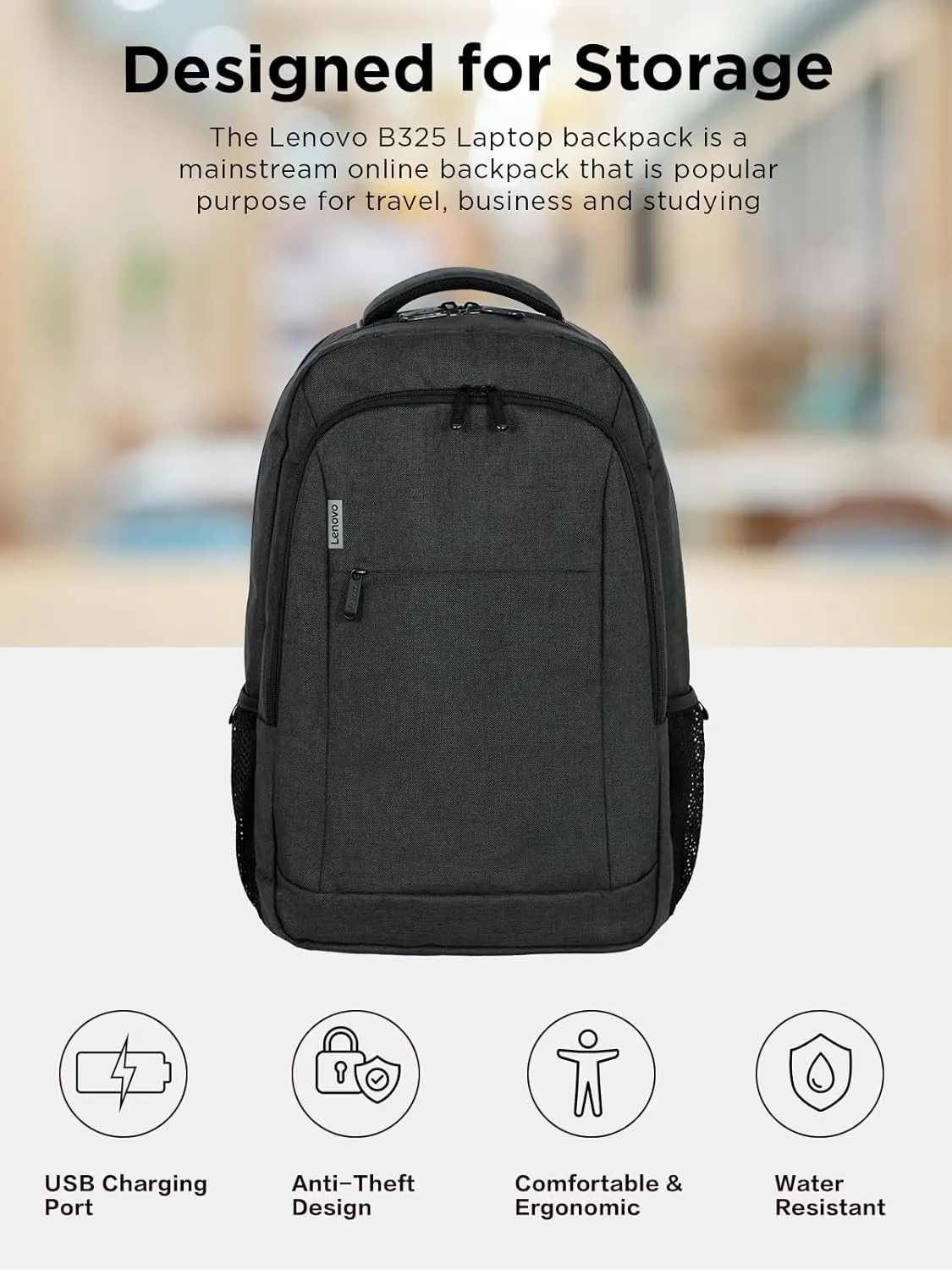 Lenovo B325 Laptop Backpack, Grey, 17-Inch, Water-Resistant Travel Backpack with External USB Port, Anti-Theft Design, Luggage Strap, for Men & Women, Perfect for Work, School, and Travel