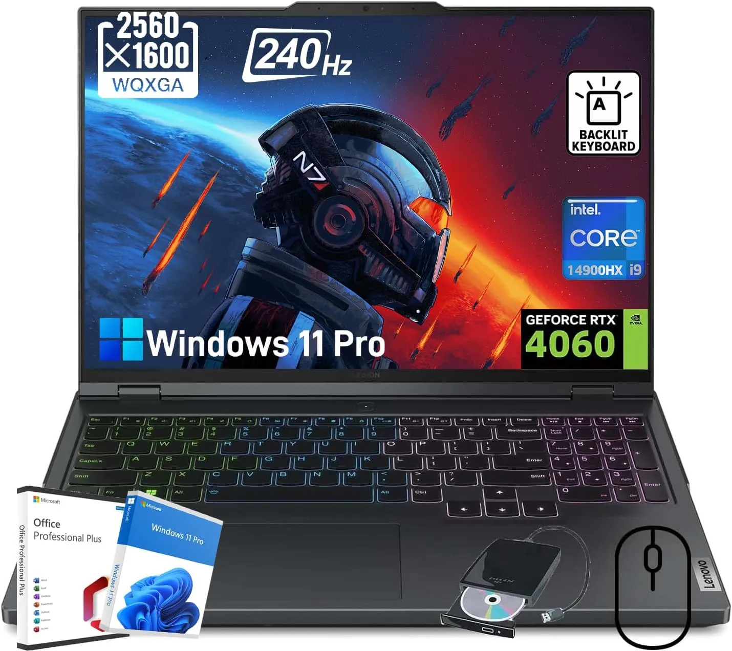 Lenovo Legion Pro 5i Gaming Laptop - Intel 24-Core i9-14900HX, GeForce RTX 4070, 16" WQXGA 240Hz Display, RGB Backlit KB, Win 11 Pro, w/Office Lifetime & External DVD Drive (64GB DDR5 4TB SSD)