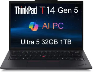 Lenovo ThinkPad T14 Gen 5 Business Laptop (14" FHD , Intel Core Ultra 5 125U (>i7-1355U), 32GB DDR5 RAM, 1TB SSD), Backlit, Fingerprint, 5MP Webcam, 3-Year Warranty, Wi-Fi 6E, Win 11 Pro, 2025 AI PC