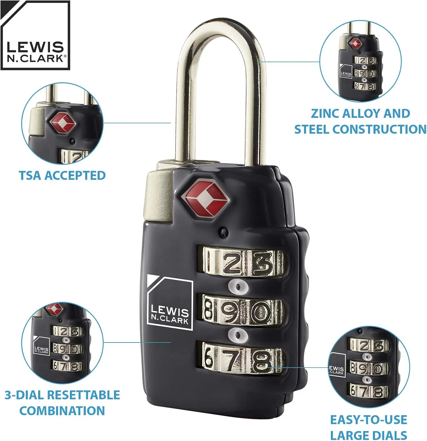 Lewis N. Clark Travel Sentry TSA-Approved Luggage Lock, Large 3 Dial Combination with Easy Read Dials - Blue