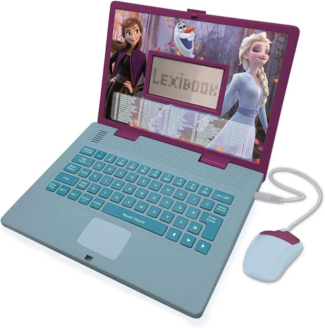 Lexibook Disney Frozen 2 - Educational and Bilingual Laptop Spanish/English - Girls Toy with 124 Activities to Learn, Play Games and Music with Elsa & Anna - Blue/Purple, JC598FZi2