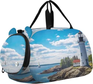 Lighthouse on Ocean Duffle Bag for Girl, Sports Duffle Gym Bags with Shoe Compartment, Personalized Overnight Bag Travel Weekender for Kids