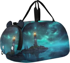 Lighthouse with Stars Duffle Bag for Girl, Sports Duffle Gym Bags with Shoe Compartment, Personalized Overnight Bag Travel Weekender for Kids
