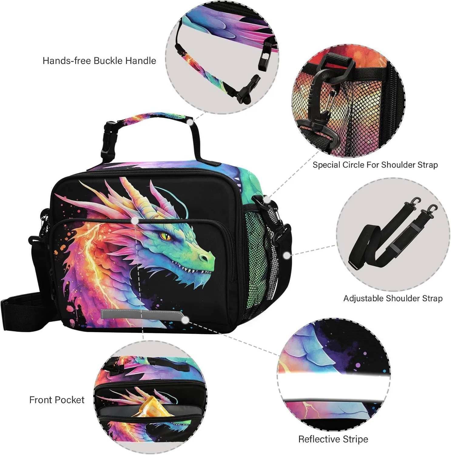 Lightning Dragon Watercolor Lunch Box for Boys Girls Insulated Lunch Bag Kids Cooler Tote Shoulder Strap Reusable School Picnic Travel Office