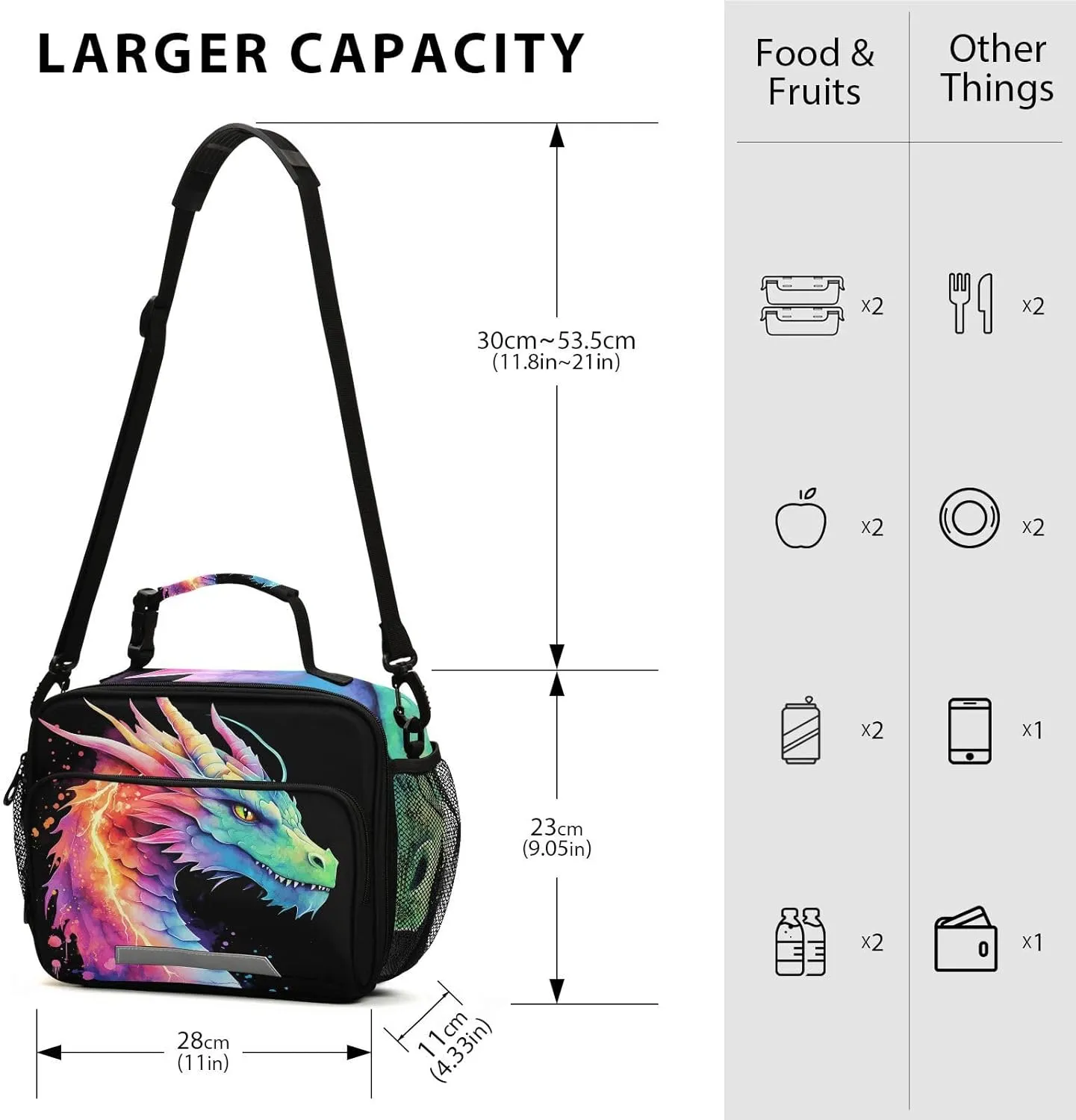 Lightning Dragon Watercolor Lunch Box for Boys Girls Insulated Lunch Bag Kids Cooler Tote Shoulder Strap Reusable School Picnic Travel Office