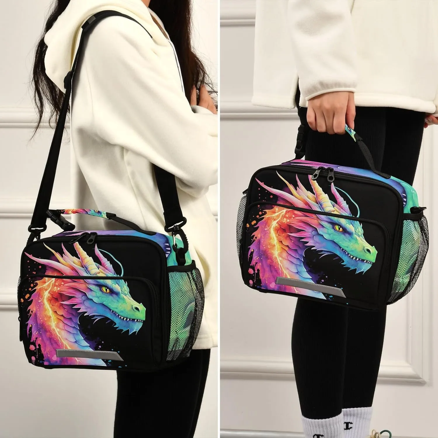 Lightning Dragon Watercolor Lunch Box for Boys Girls Insulated Lunch Bag Kids Cooler Tote Shoulder Strap Reusable School Picnic Travel Office
