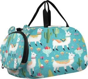 Llama Kids Overnight Sports Duffel Bags with Shoe Compartment & Wet Pocket Travel Sport Gym Bag for Girls Boys