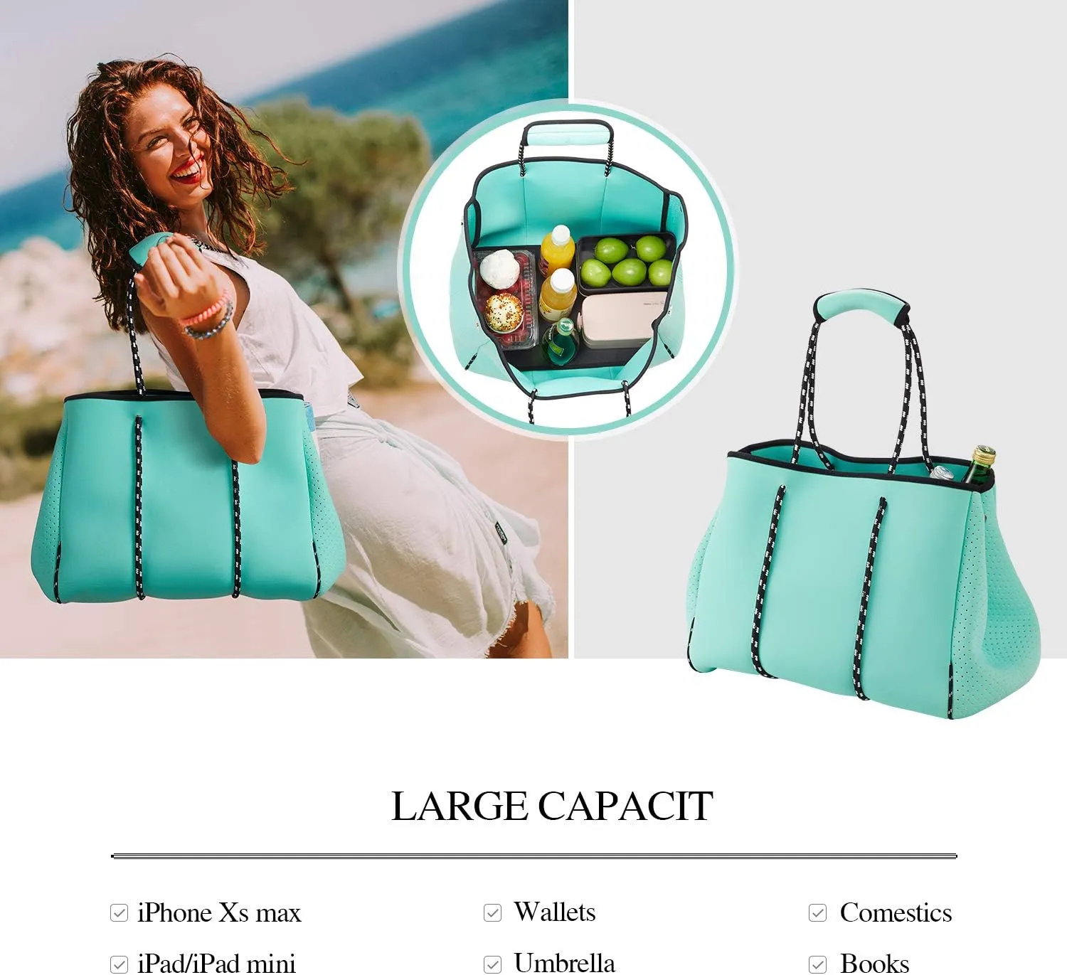 LMYYG Beach bag,Multipurpose Neoprene Bag,Large Tote Bag,Waterproof Shoulder Beach Bag for Travel Beach Gym Swimming