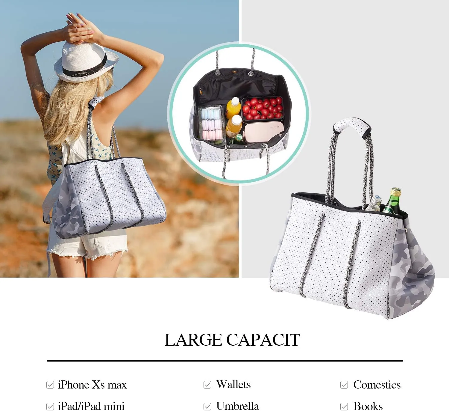 LMYYG Beach bag,Multipurpose Neoprene Bag,Large Tote Bag,Waterproof Shoulder Beach Bag for Travel Beach Gym Swimming
