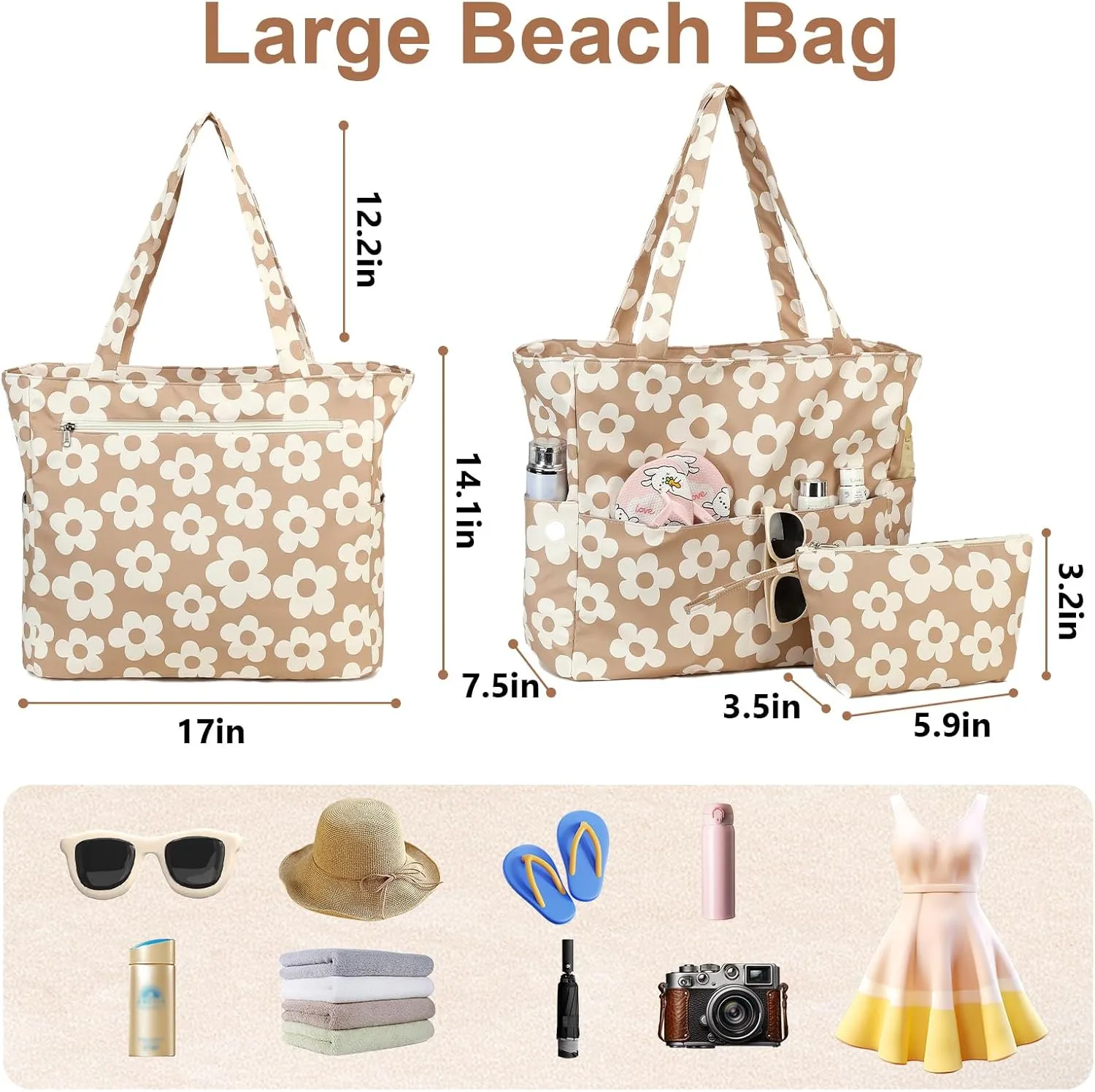LOIDOU Large Tote Beach Bag Waterproof Sandproof Beach Pool bag with Zipper & Wet Pockets Shoulder Bag Travel Teacher Grocery