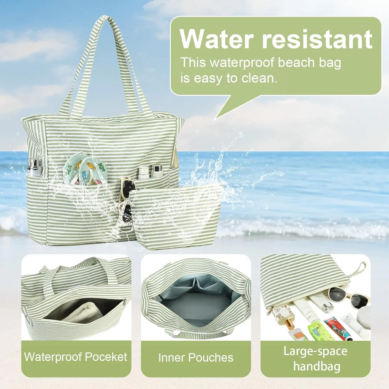 LOIDOU Large Tote Beach Bag Waterproof Sandproof Beach Pool bag with Zipper & Wet Pockets Shoulder Bag Travel Teacher Grocery