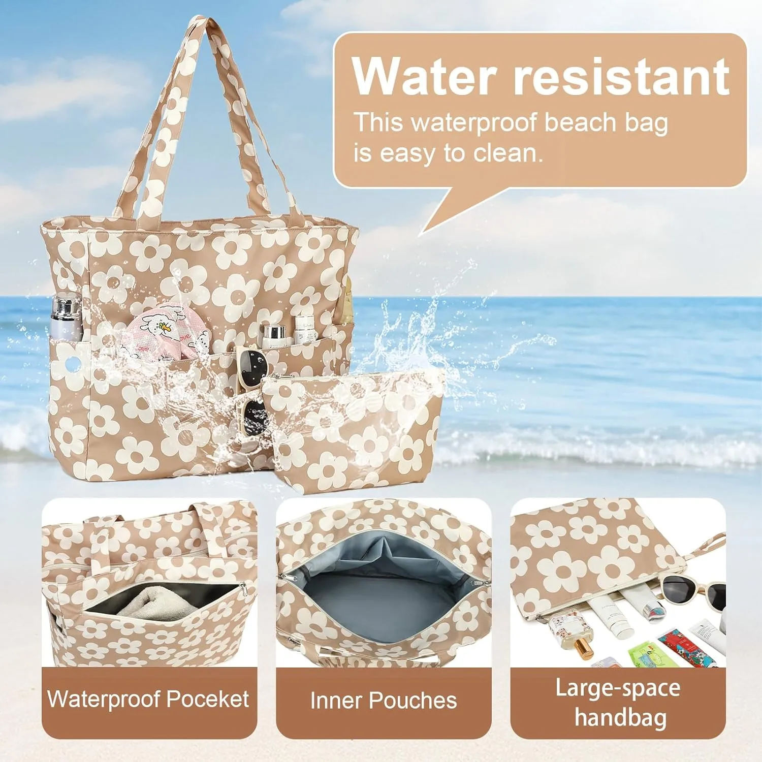 LOIDOU Large Tote Beach Bag Waterproof Sandproof Beach Pool bag with Zipper & Wet Pockets Shoulder Bag Travel Teacher Grocery