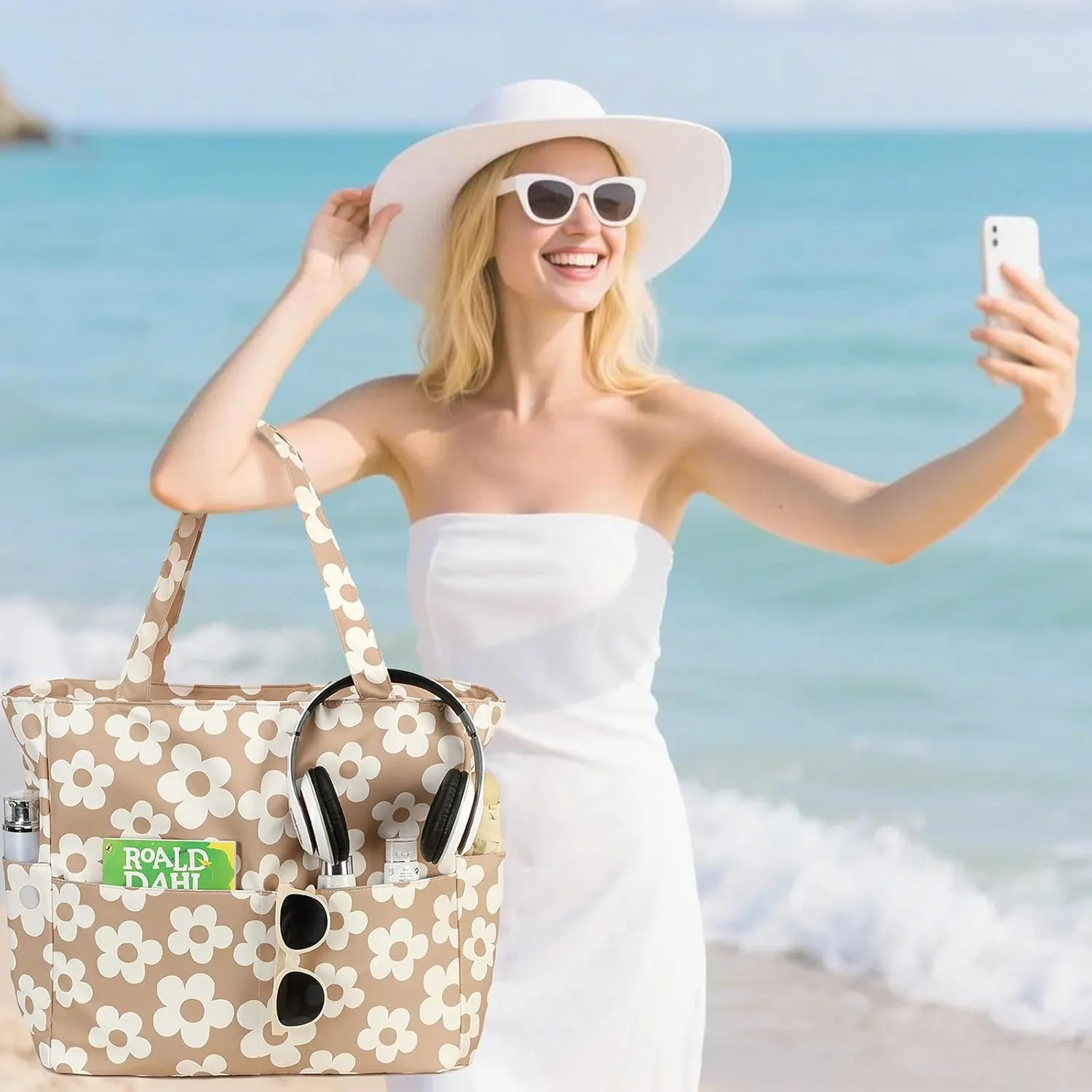 LOIDOU Large Tote Beach Bag Waterproof Sandproof Beach Pool bag with Zipper & Wet Pockets Shoulder Bag Travel Teacher Grocery